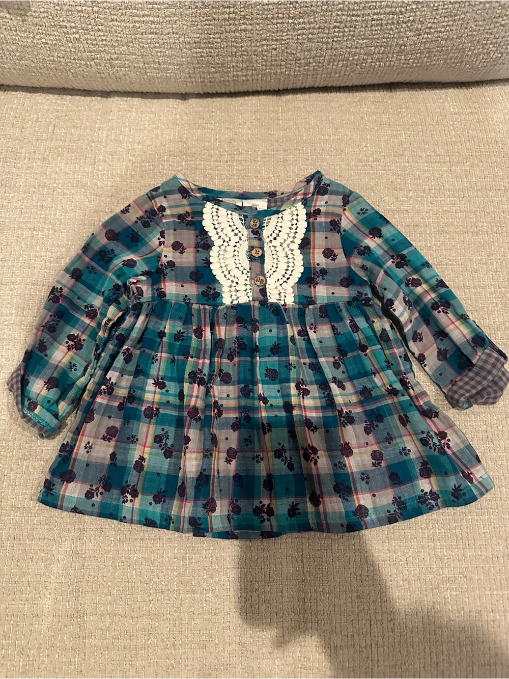 Koala Kids Teal & Purple Plaid Lace-Front Long Sleeve Dress NWT